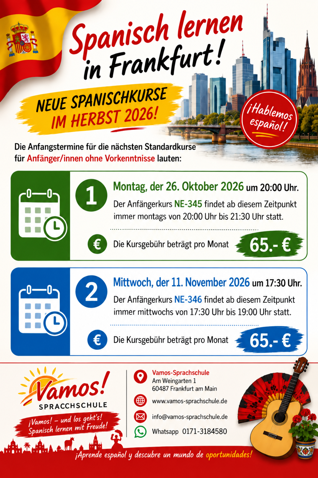 Flyer: Spanisch-Anfängerkurse NE-345 ab 26. Oktober 2026, montags 20:00–21:30 Uhr, und NE-346 ab 11. November 2026, mittwochs 17:30–19:00 Uhr. Jeweils 65 € pro Monat.